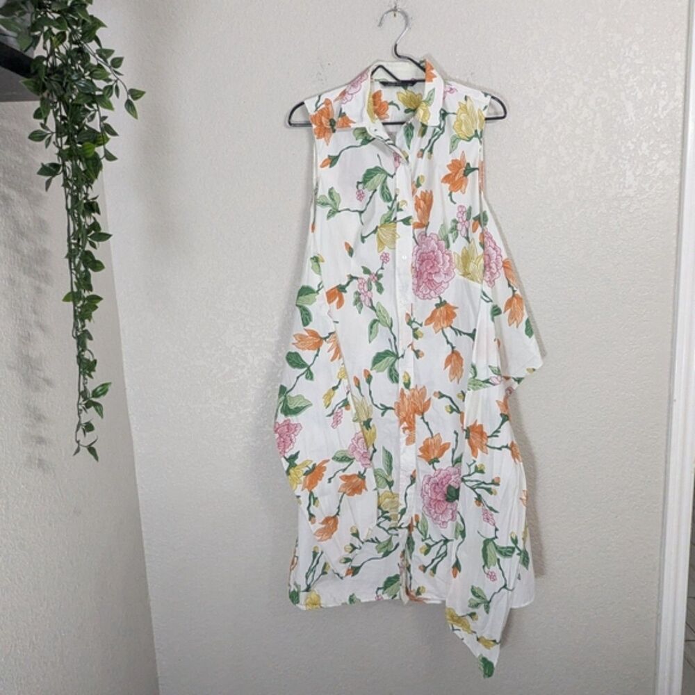 Zara White Floral Shirt Dress Size S/M Sleeveless Front Wrap Tie Cotton Summer - Picture 4 of 12